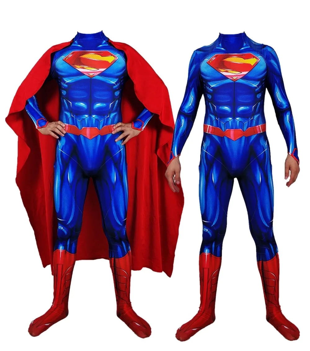 

Free Shipping Halloween Costumes, Amazing Superman Costumes Blue And Red Spandex Superhero Cosplay Costume For adult and kids