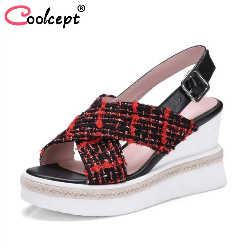 

Coolcept Women High Heel Sandals Open Toe Buckle Genuine Leather Plaid Fashion Women Summer Shoes Holiday Footwear Size 34-42