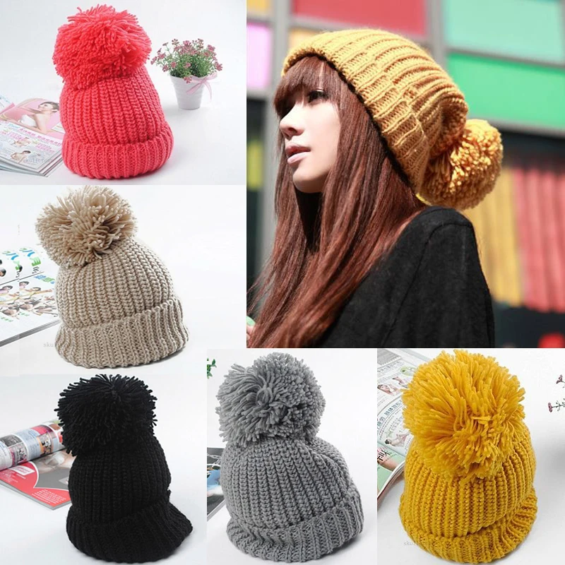 

Women Winter Slouch Knit Cap Warm Oversized Cuffed Beanie Crochet Bobble Hat