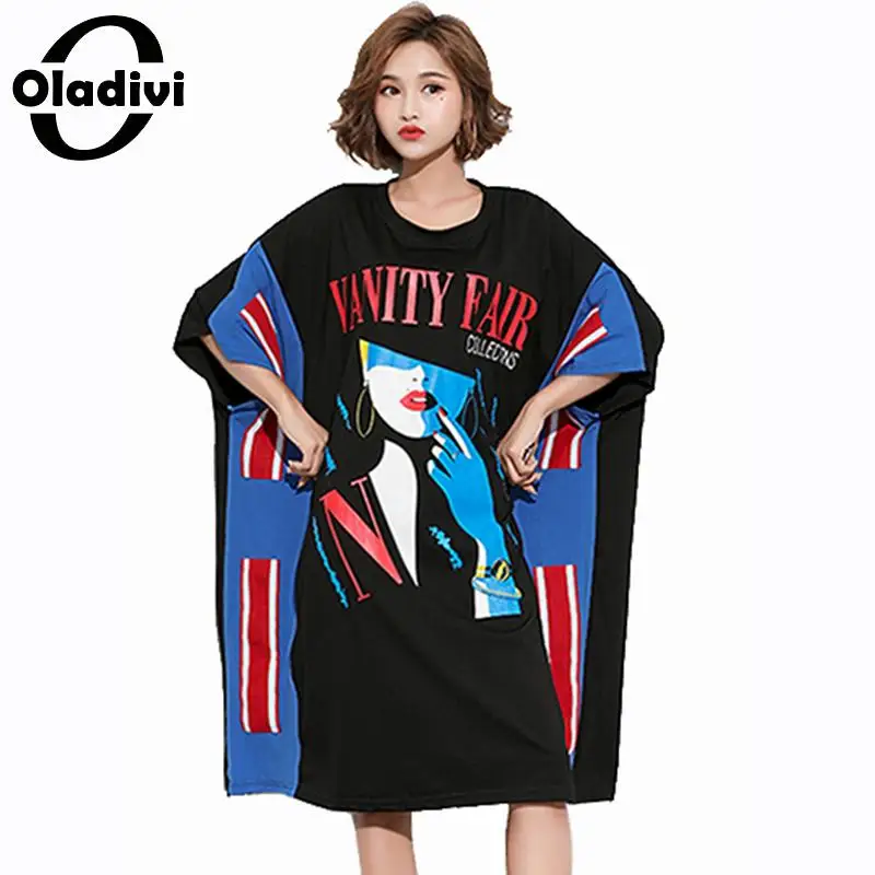 

Oladivi Oversized Plus Size Women Dress Female Fashion Print Large Dresses Summer Casual Loose Top Tee Shirt Tunic Vestidio 2019