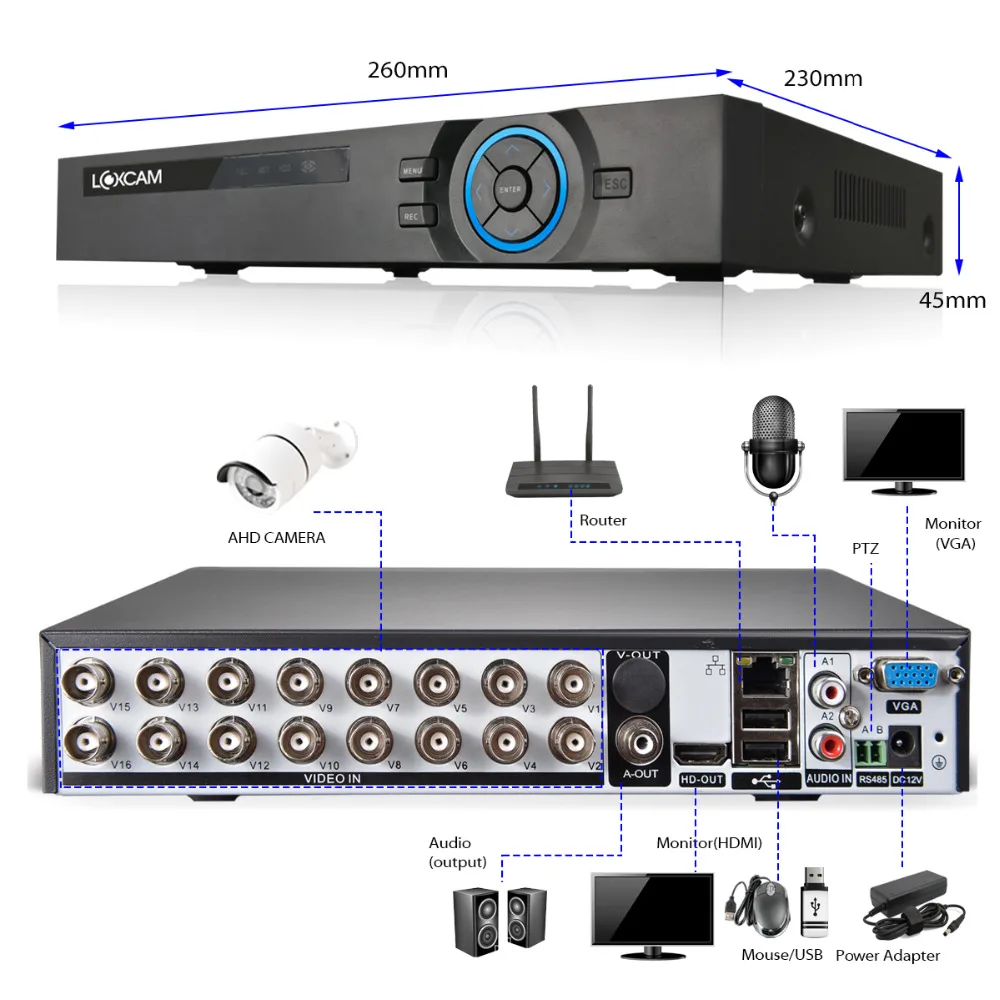 LOXCAM 16CH AHD-H 1080P рекордер DVR рекордер HDMI P2P iPhone вид 16 каналов автономный 6 в 1 DVR NVR ONVIF 3g wifi