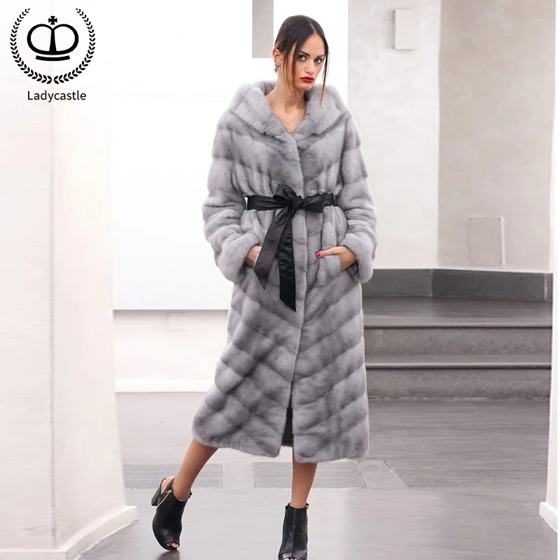 

110CM X-long Real Fur From Nature Mink Fur Coats For Women Tops Fashion Twill Overcoats Hooded Mink Jackets Plus Size MKW-238