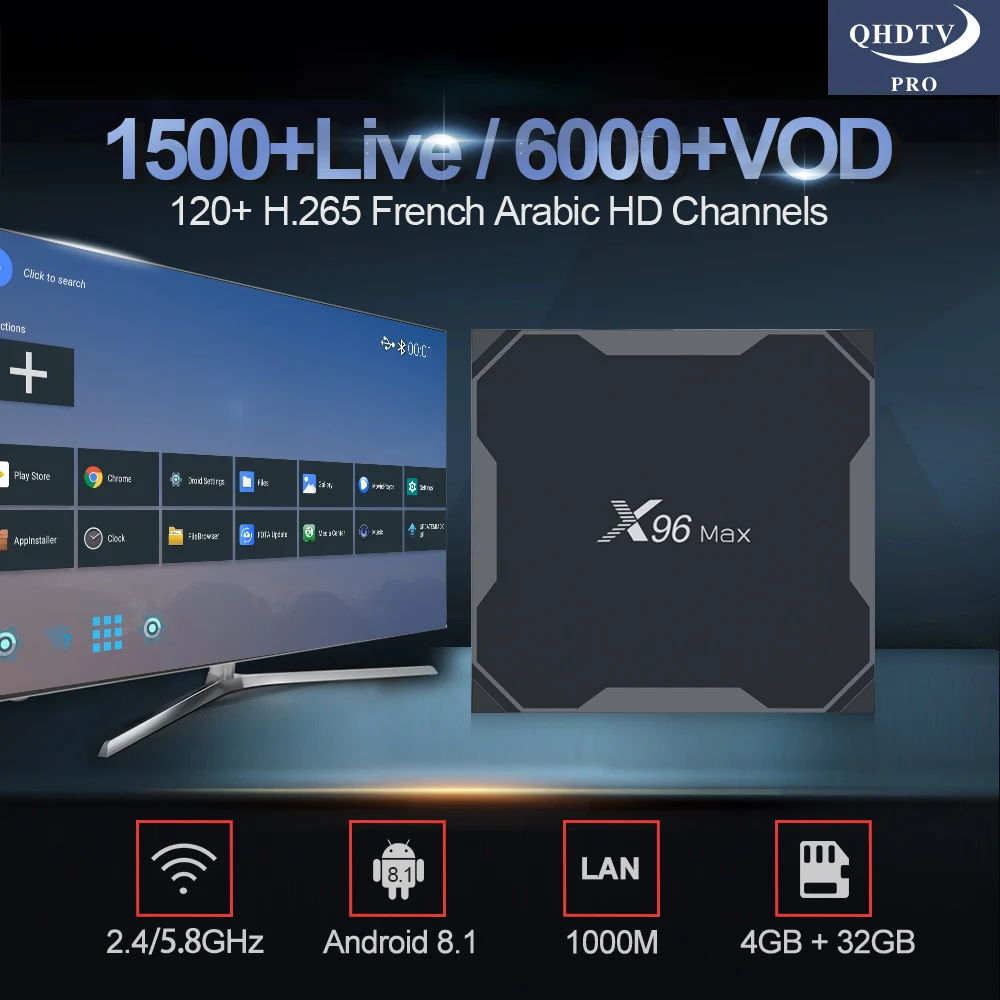 

X96 MAX Tv Box Android 8.1 S905X2 With 1 Year QHDTV Pro Iptv Subscription H.265 French Arabic Morocco Belgium Netherlands 4G 32G