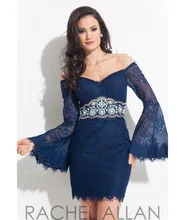 Perlen Elegante Spitze Farbe Marineblau Cocktailkleider mit Langen Ärmeln V-ausschnitt Weg Von Der Schulter-partei-kleid Sh00412