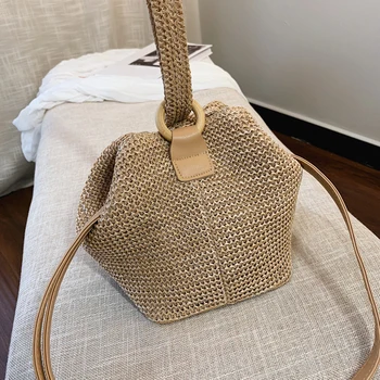 

Fashion Vintage Straw Bag Women All Match Beach Bag Casual Solid Shoulder Flap Hasp Handbag Handmade Lock Cross Body Tote #2