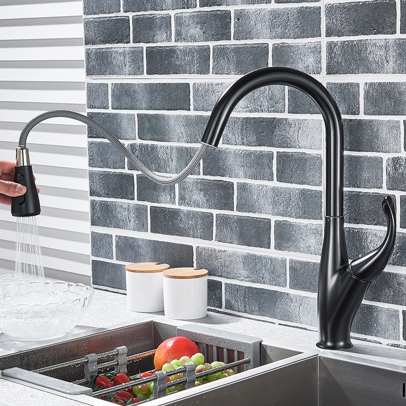  Quyanre Matte Black Pull Out Kitchen Faucets Single Handle Hot Cold Water Mixer Tap 360 Rotation Ki - 33011398818