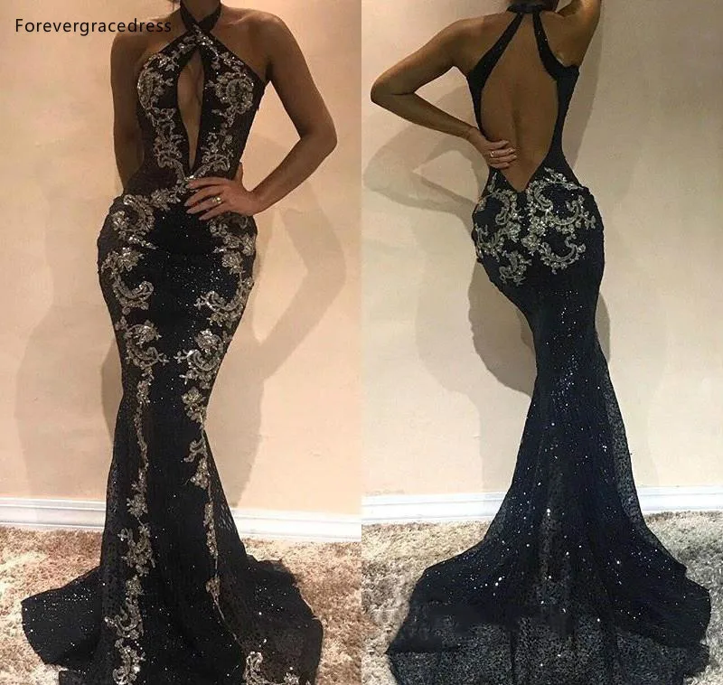 2019 Sexy Hollow Out Backless Evening Dresses Halter Neck Mermaid Sequin Applique Lace Beaded Long Prom Gowns Reflective Dress BC0911  158 (4)