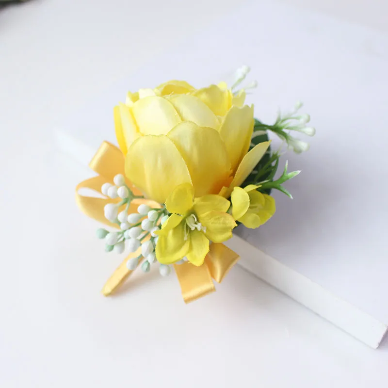 Boutonniere Flowers wedding wrist corsage flowers silk roses yellow  (41)
