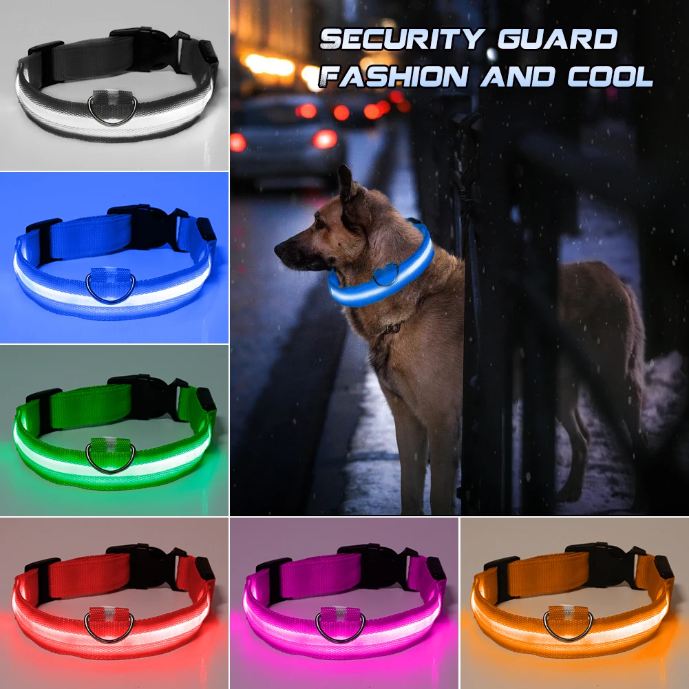 

Nylon LED Pet dog Collar Night Safety Flashing Glow In The Dark Dog Leash Dogs Luminous Fluorescent Collars Pet Supplies