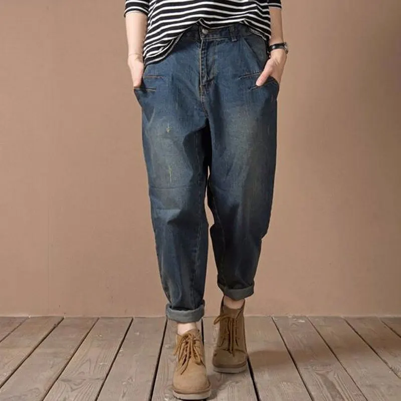 Plus Size XXXXL Loose Denim Trousers Collapse Harem Pants Female 2017 Spring Summer Loose Ripped Jeans