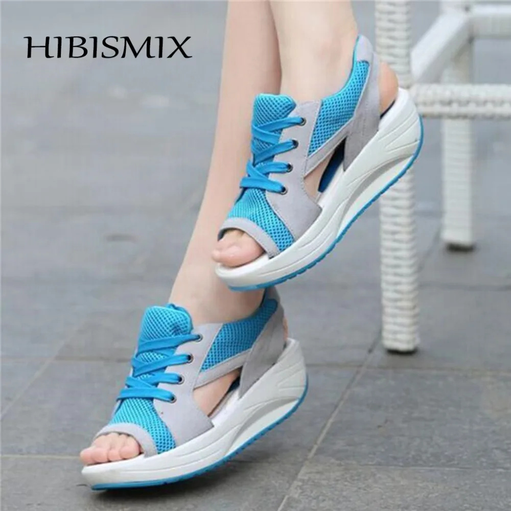 

HIBISMIX Women Platform Sandals Casual Wedges Heels Ladies Open Toe Platform Lace Up Patchwork Comfortable Women Shoes 1029