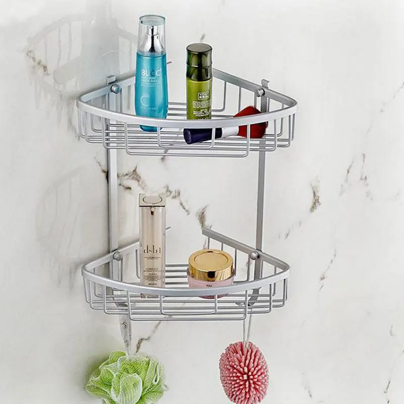 Aluminum Home Hook Shower Storage 2 Layer Bath Corner Shelf Wall