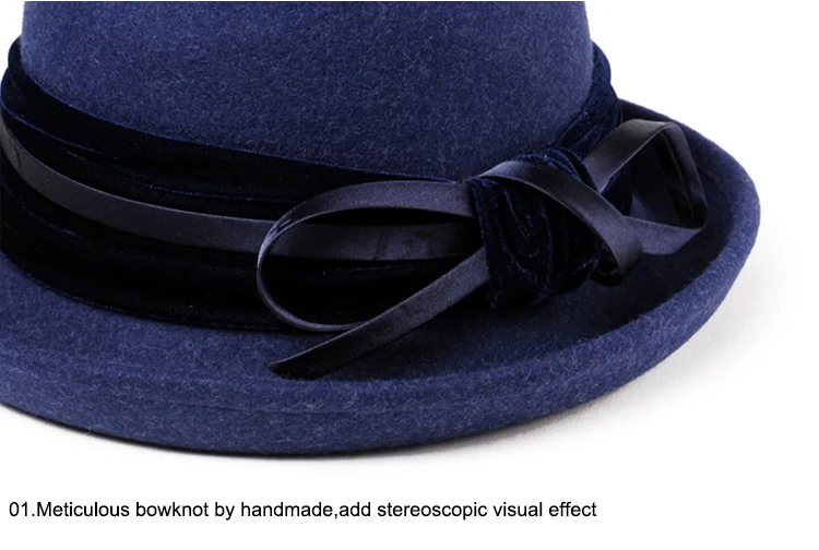 5_Vintage Wide Brim Hats Felt Women Navy Blue Wool Fedora Warm Ladies Bowknot Top Cloche Hat 2018 Chapeau Femme