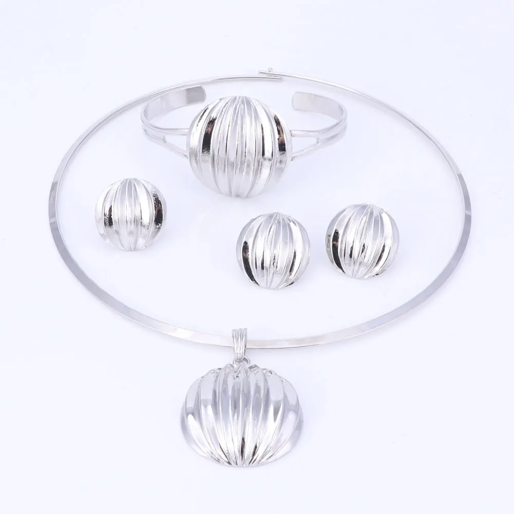 Dubai Jewelry Set Ball Pendant Necklace Earrings Bracelet Ring Silver Color Jewelry Set Women’s Wedding Accessories