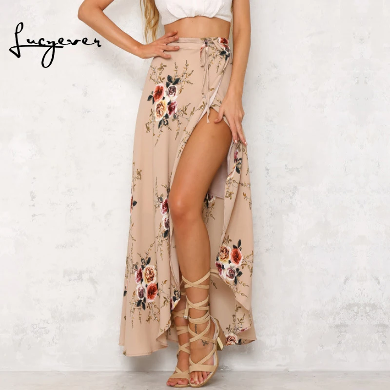 

Lucyever summer slit boho long skirt print floral lace-up maxi skirt party beach sunny skirts vintage casual high waist faldas