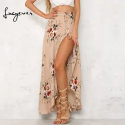 Lucyever летняя разрезная Бохо длинная юбка с цветочным принтом на шнуровке Макси-юбка для вечерние пляжные солнечные юбки винтажные