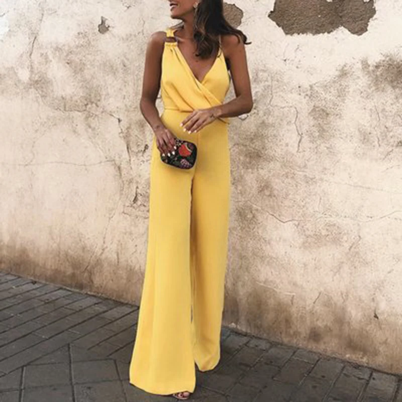 

2019 Autumn Women's Jumpsuit Elegant Rompers Sexy Off The Shoulder Yellow Sleeveless Office Work Wide Leg Jumpsuit Overalls
