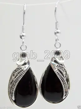 

wholesale good 925 Sterling Natural Black stoners stone Gems Marcasite Dangle Hook Drop Earrings