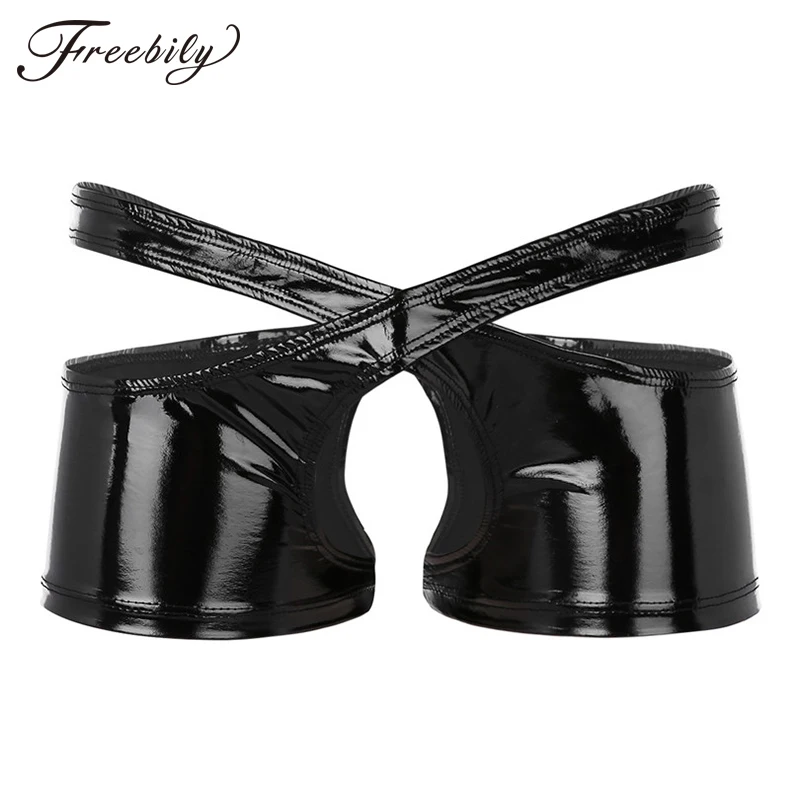 

Sexy Gay Mens Lingerie Wetlook Faux Leather Low Rise Open Crotch Two Symmetrical Halves Boxer Shorts Sissy Panties Underwear