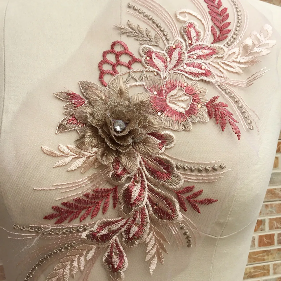 39*16cm DIY Motif 3D Lace Flower Embroidery Bridal Applique Pearl Beaded Tulle