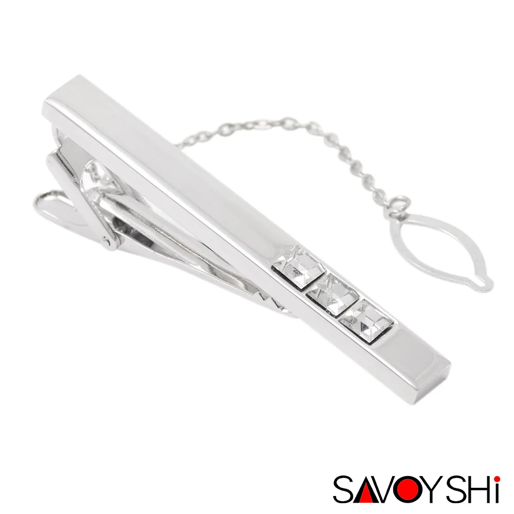 SAVOYSHI Low key Luxury White Crystal Tie Clip Pin Clasp Bar Stainless
