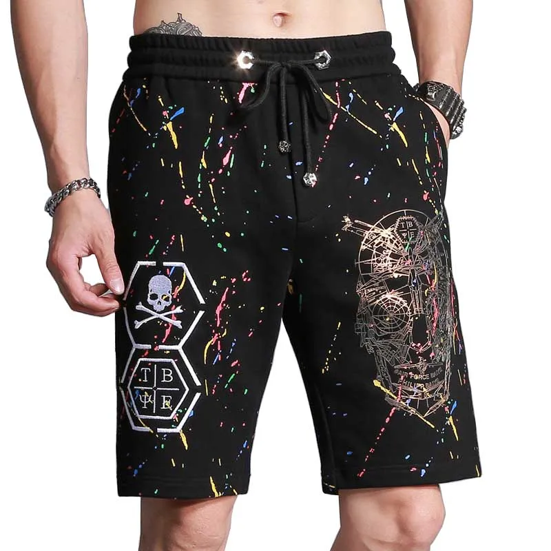 Лето черепа глава Отпечатано Шорты Для мужчин Повседневное Пляжные шорты хлопок вышивка доска Шорты черные свободные мешковатые мужской одежды