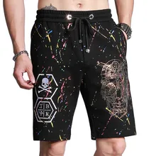 Лето черепа глава Отпечатано Шорты Для мужчин Повседневное Пляжные шорты хлопок вышивка доска Шорты черные свободные мешковатые мужской одежды