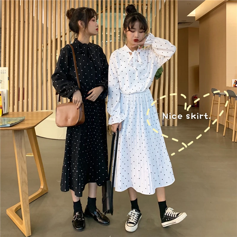 

2 Colors Mihoshop Ulzzang Korean Korea Women Fashion Clothing Spring Casual Black White Dot Point Print Bowknot Long Dress