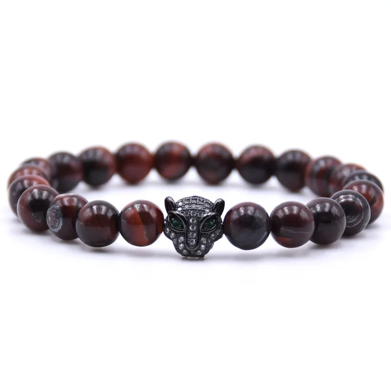 

RIEEW Natural Stone Beads Bracelets High Quality Tiger Eye with Animal Round Beads Elasticity Rope Bracelets for Women Men Gift