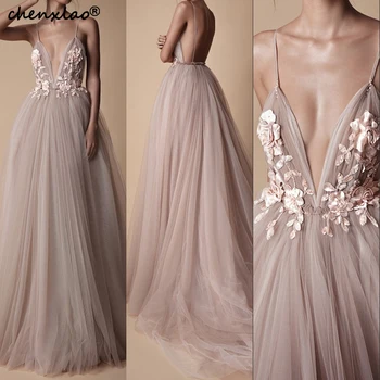 

Spaghetti Strap Long Evening Dresses Sheers A-Line V-Neck Sleeveless Lace 3D Flower Pleat Floor Length Special Evening Dress