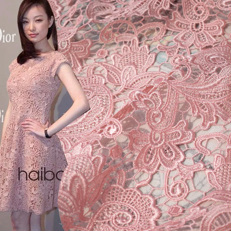 

Hot sale naked pink heavy water soluble lace fabric hollow three-dimensional DIY fabric for dress tissu au meter bright cloth