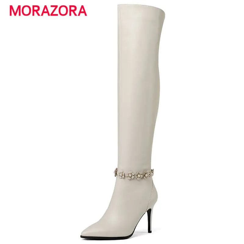

MORAZORA 2018 new flower pointed toe stiletto heel women boots super high heel over the knee boots autumn winter zipper boots