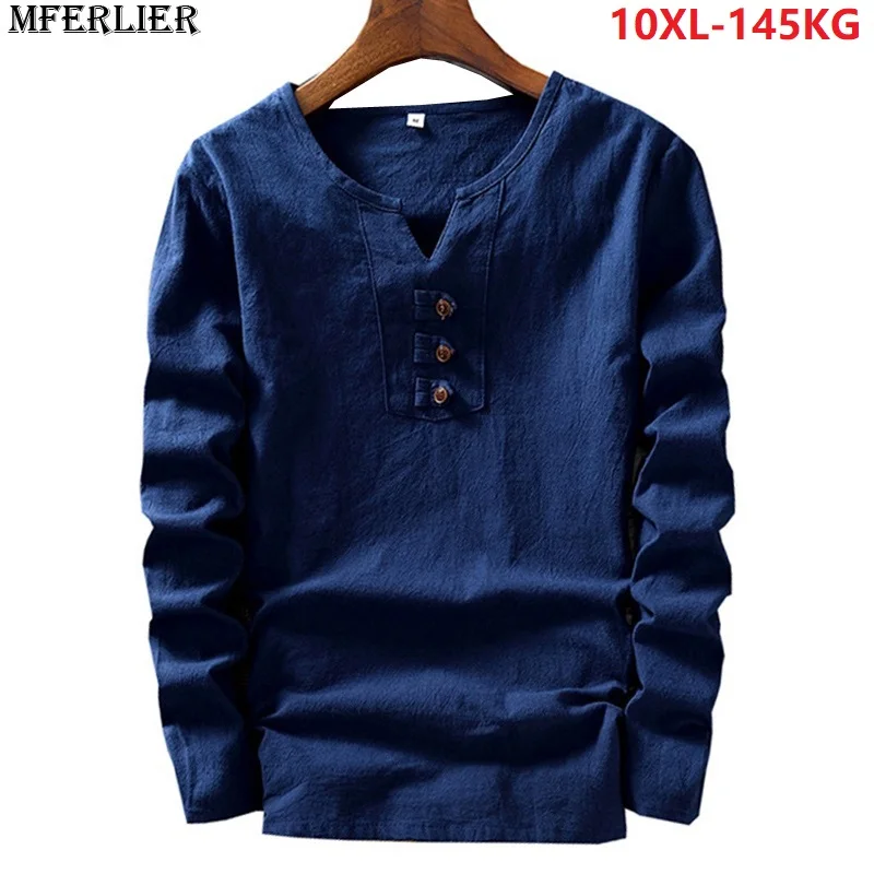 

men linen tshirt long sleeve vintage japan china style cotton underwear large size big 7XL 8XL 9XL 10XL t-Shirts V-neck loose