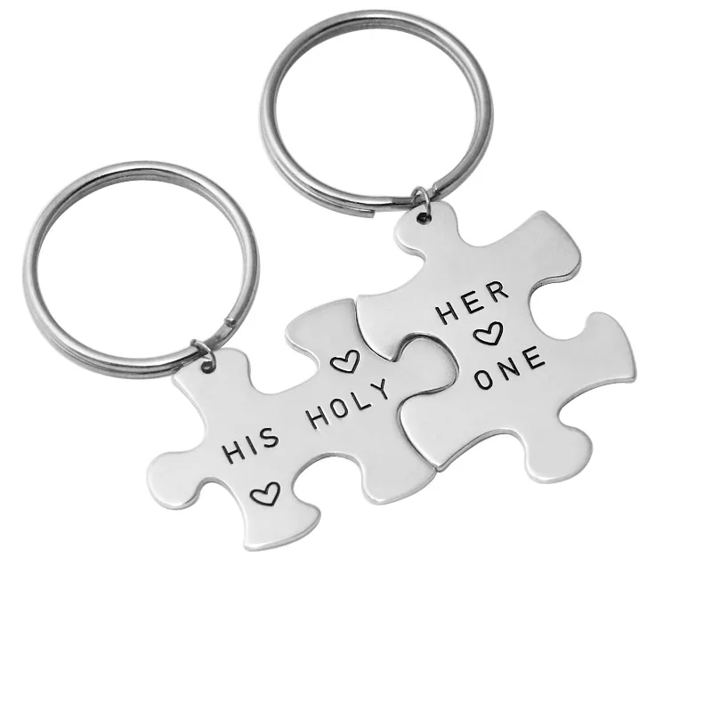 

Personalized couple Keychain set, Alloy puzzle Keychain, Customized Name Keychain hand stamp,Valentine's Day Gift
