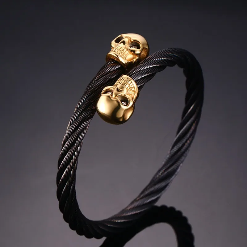 

Stylish Men's Double Skull Head Cuff Bangle Bracele Black Twisted Wire Cable Skeleton Stainless Steel Hiphop Accessories
