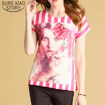 

2019 Women's Shirt Fashion Summer Short Sleeve shirt Women Tops Plus Size Strip Clothes Print Tops Blusas 4263 50