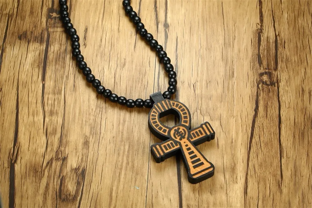 Мужская коричневая деревянная подвеска Ankh Cross с 35 дюймовым деревянным бисерным ожерельем мужские Египетские украшения в стиле хип-хоп для него ключ Нил