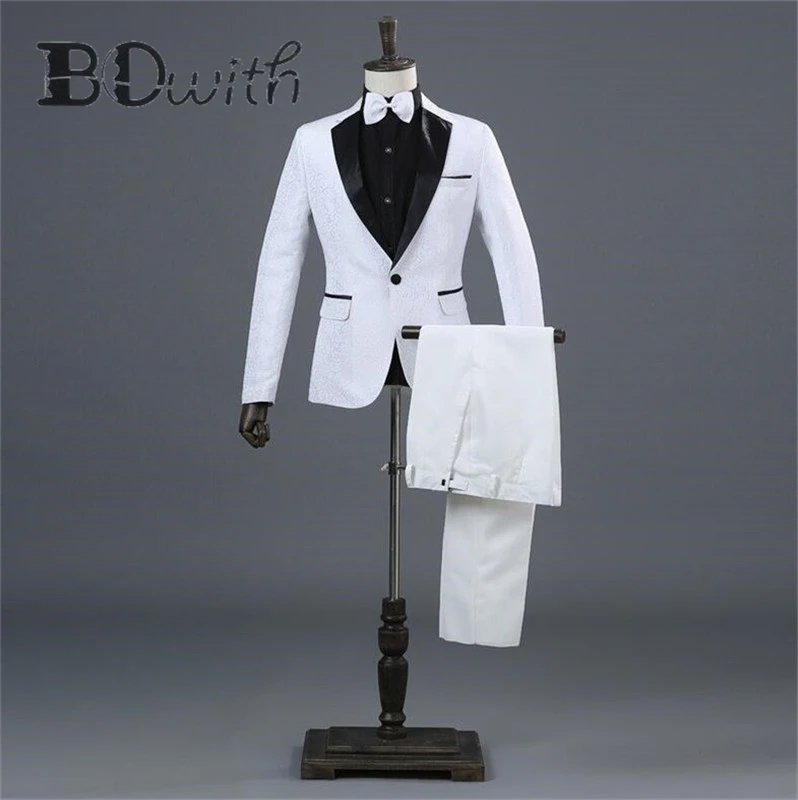 Шаль Воротник одна кнопка белый Slim Fit 2 шт.(куртка+ брюки) для свадьбы жениха смокинги формальные костюмы
