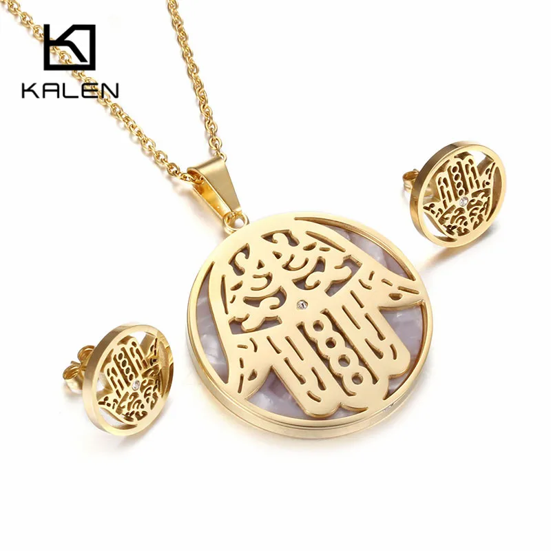 

Kalen New Shell Fatima Hand Jewelry Set Stainless Steel Italian Gold Color Hamsa Hand Pendant Necklace & Earrings Set For Women