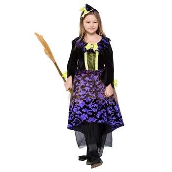 

Halloween Purple Bat Print Little Witch Costume Dress Suit children girls