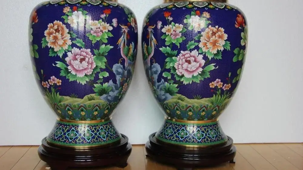 35 Королевский Дворец Медь Перегородчатая Эмаль Пион цветок Феникс Птицы Бог Ваза Пара