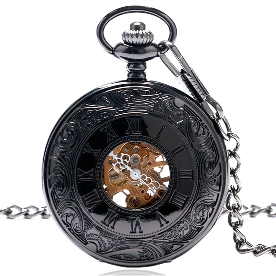 Steampunk Hand Winding Mechanical Black Pocket Watch Fob Pendant Mens Womens Box Bag 2