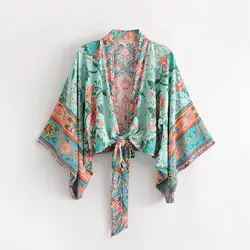 Женские блузки-кимоно в стиле бохо с v-образным вырезом, летние топы с длинными рукавами и цветочным принтом, рубашки, Короткий Повседневный