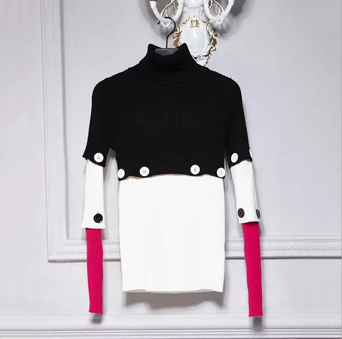 KENVY брендовый Модный женский высококлассный роскошный зимний свитер с высоким воротником и пуговицами в стиле пэчворк, эластичный вязаный шерстяной свитер