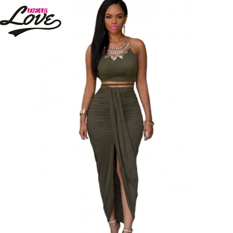 Dearlove Fashion Olive Faux Suede Two Piece Maxi Skirt Set LC60833 Women Set Maxi Dress