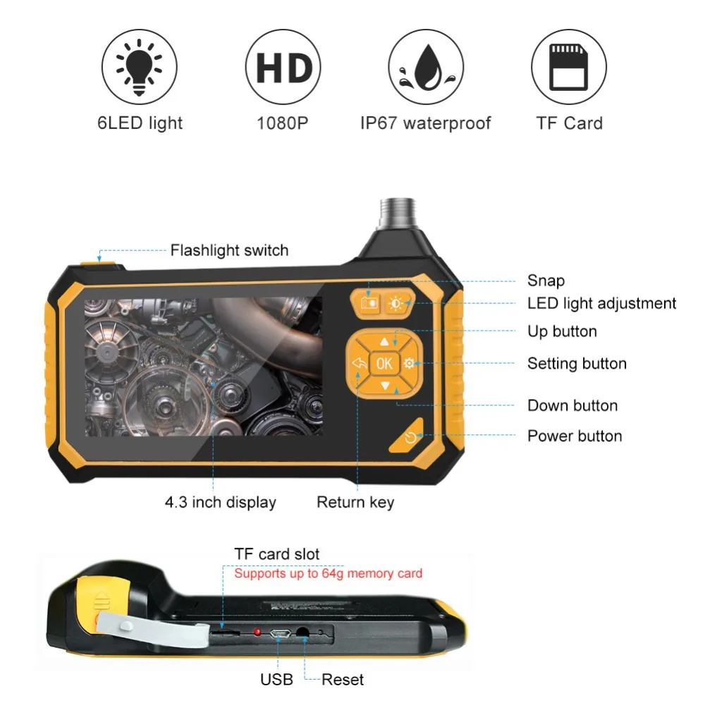 Câmera de Inspeção Videoscope com Lcd de 4.3 Polegadas com Bateria de 2600 Endoscópio Industrial Portátil Handheld Borescope Mah 1080 p 6 Cheap Câmeras de vigilância