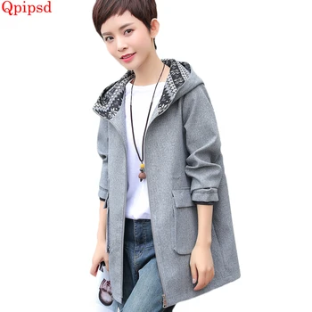 

Plus size M-5XL Spring long hooded trench coats female 2018 autumn casual loose windbreakers womens solid overcoat women coats