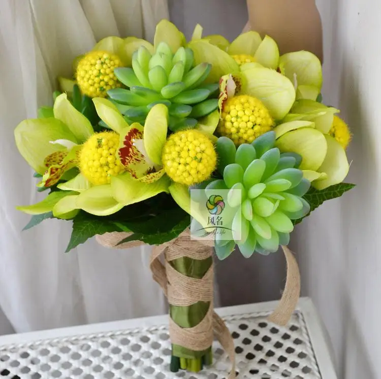 Nova marca Feita À Mão Verde Amarelo Flor Real Toque de Flor De Noiva Da Dama de honra Buquê de Casamento Fontes Do Casamento de Decoração Para Casa