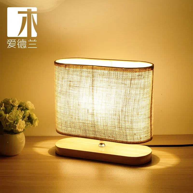 

YOOK 25*24CM 2018 Elliptical Flax Lampshade Oak Wooden Table Lamp for Bedroom North European Eye Protection Living Room 220v E27