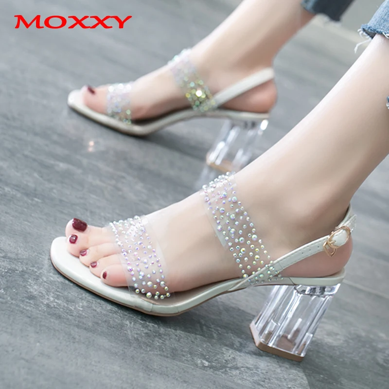 

2019 New Comfort Transparent Sandals Women Shoes Glitter Crystal Slippers Women Slides Slip On Sexy Square Clear Heel Sandals